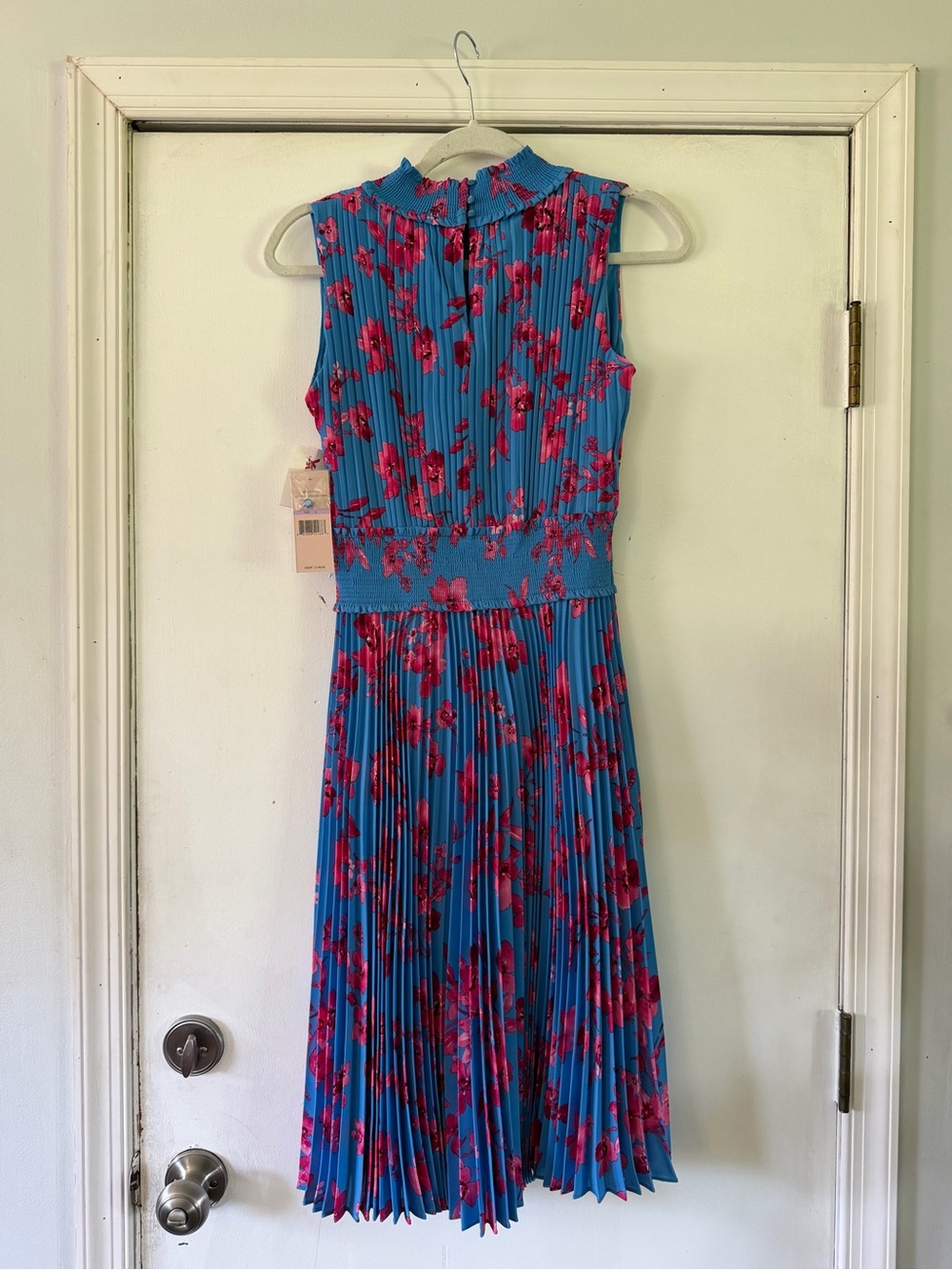 Nanette Lepore Blue Pleated Midi Dress with Pink Floral Print